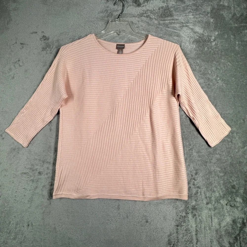 Chicos‎ Shirt Avery Pullover Boatneck Ribbed Knit Pink Pale Dogwood Size Medium